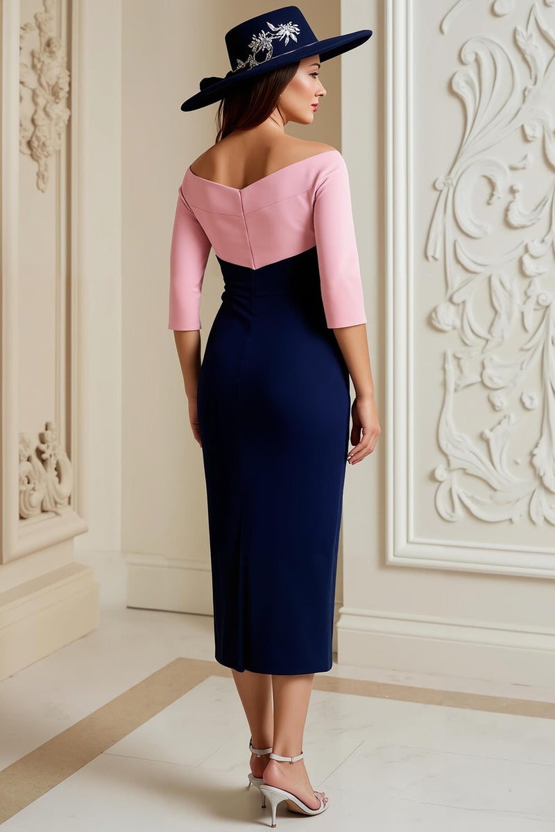 Laden Sie das Bild in den Galerie-Viewer, Marine Satin Bodycon Midi Brautmutterkleid mit Applikationen