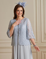 Laden Sie das Bild in den Galerie-Viewer, Silber 2 Teiliges Midi Brautmutterkleid mit Ärmeln