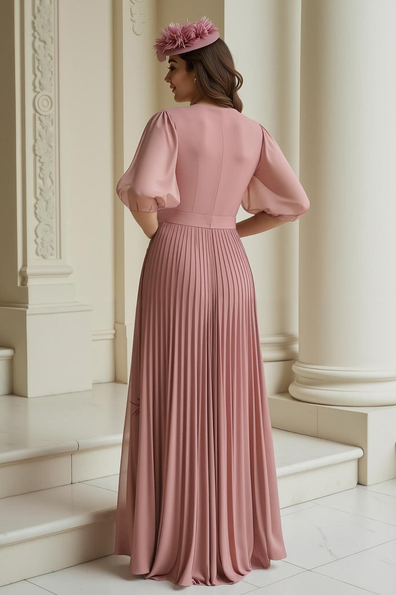 Laden Sie das Bild in den Galerie-Viewer, Altrosa Chiffon Plissee langes Brautmutterkleid mit Ärmeln