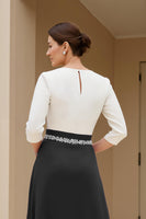 Laden Sie das Bild in den Galerie-Viewer, Schwarz A Linie Chiffon U-Boot Ausschnitt Midi Brautmutterkleid mit Ärmel