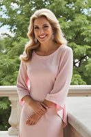 Laden Sie das Bild in den Galerie-Viewer, Bonbonrosa Etui Chiffon Rundhals Ausschnitt Lange Brautmutterkleid mit Ärmel