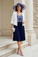 Laden Sie das Bild in den Galerie-Viewer, Marine Zweiteiler A Linie Chiffon Plissee Midi Brautmutterkleid mit Ärmel