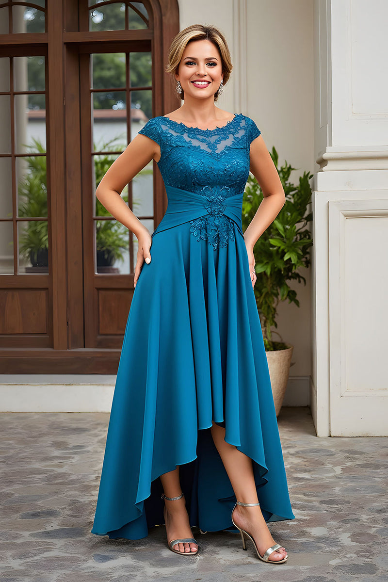 Laden Sie das Bild in den Galerie-Viewer, Pfauenblau A Linie Chiffon Asymmetrische Brautmutterkleid mit Spitze