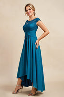 Laden Sie das Bild in den Galerie-Viewer, Pfauenblau A Linie Chiffon Asymmetrische Brautmutterkleid mit Spitze