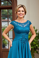 Laden Sie das Bild in den Galerie-Viewer, Pfauenblau A Linie Chiffon Asymmetrische Brautmutterkleid mit Spitze