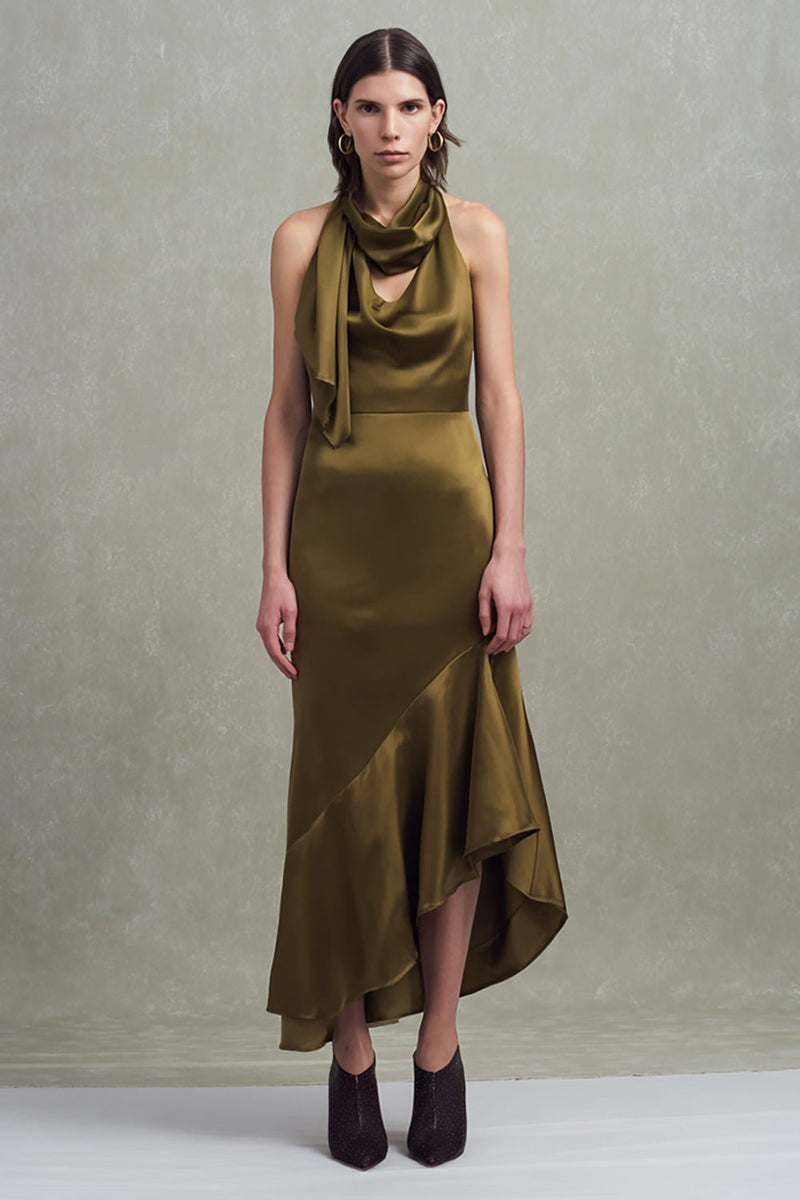 Laden Sie das Bild in den Galerie-Viewer, Olive Satin Sheath Hals Schärpe Asymmetrisches Formelle Kleid mit Rüschen