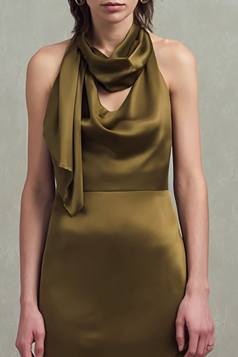 Laden Sie das Bild in den Galerie-Viewer, Olive Satin Sheath Hals Schärpe Asymmetrisches Formelle Kleid mit Rüschen