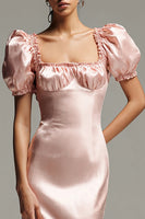 Laden Sie das Bild in den Galerie-Viewer, Pink Satin Sheath Puff Ärmel Lange Formelle Kleid