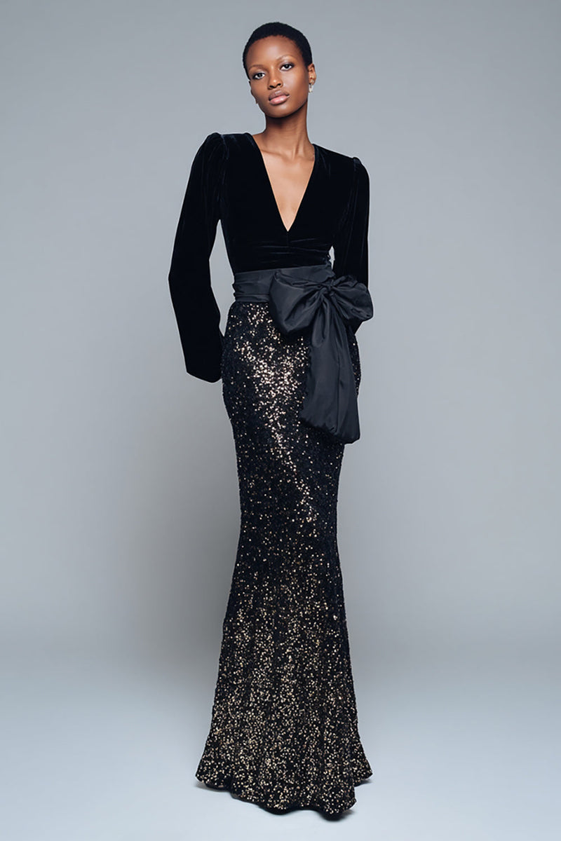 Laden Sie das Bild in den Galerie-Viewer, Glitzernd Schwarz V Ausschnitt Pailletten Langarm Abendkleid mit Schleife