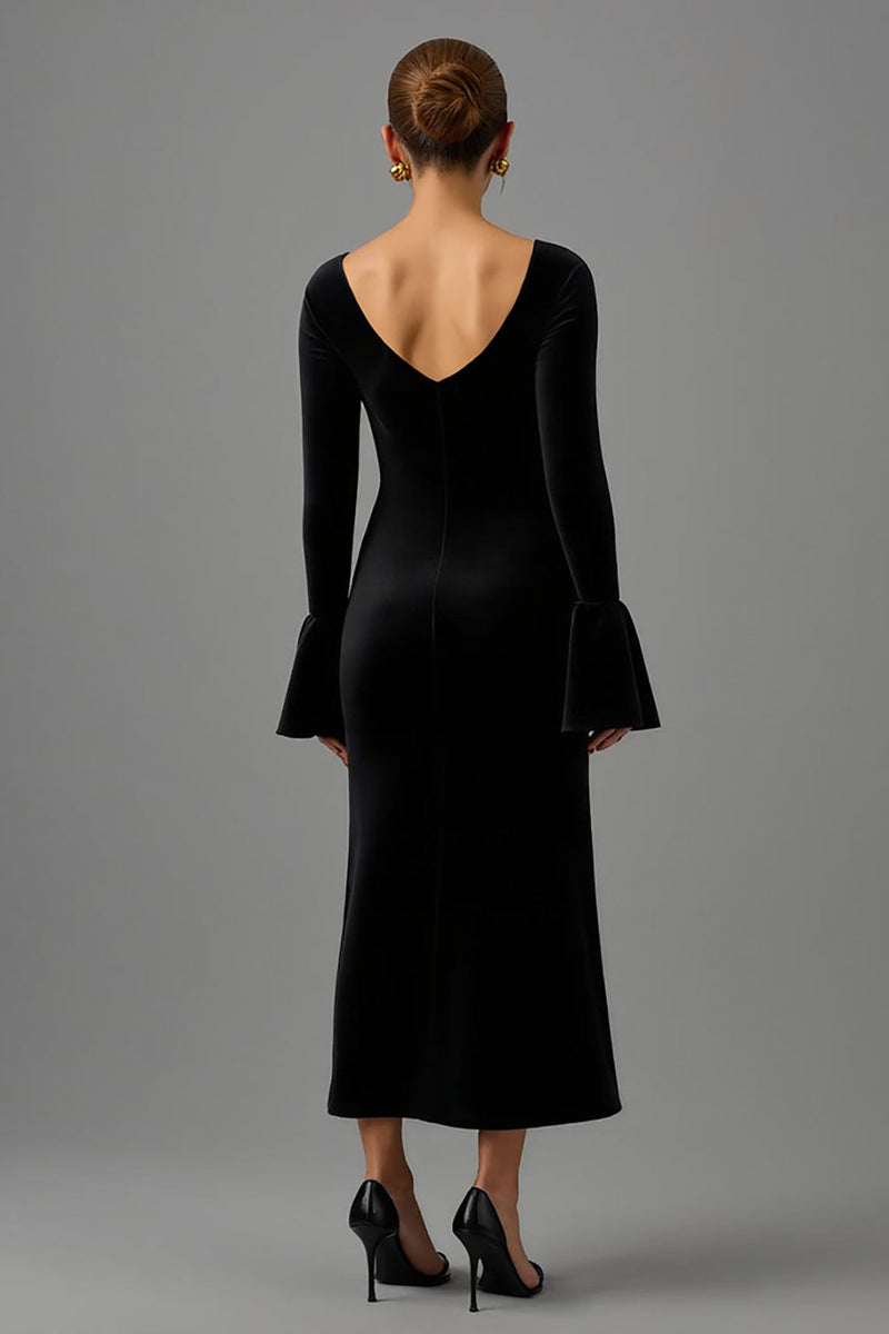 Laden Sie das Bild in den Galerie-Viewer, Schwarze Etuikleid Samt V Ausschnitt Lang Abendkleid mit Ärmeln