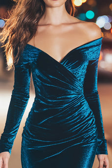 Pfauenblau Samt Schulterfreie Kurze Cocktail Kleid