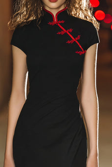 Schwarz Enges Hoher Hals Geraffte Kurze Cocktail Kleid mit Schlitz