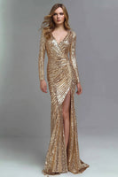 Laden Sie das Bild in den Galerie-Viewer, Glitter Gold Sequin V Ausschnitt Meerjungfrau Maxi Formelle Kleid mit Schlitz