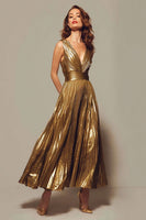 Laden Sie das Bild in den Galerie-Viewer, Glitter Gold Metallic Plissee V Ausschnitt A Linie Maxi Formelle Kleid