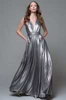 Laden Sie das Bild in den Galerie-Viewer, Glitter Silber Metallic V Ausschnitt A Linie Maxi Formelle Kleid