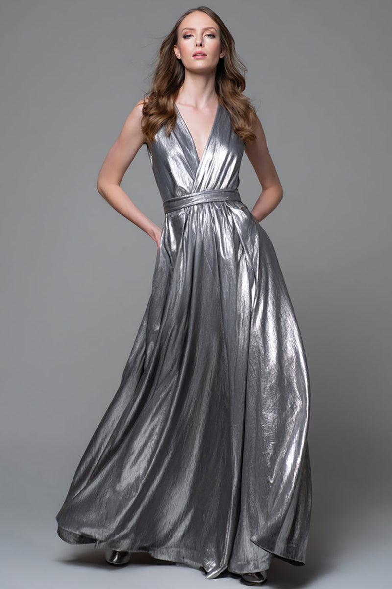 Laden Sie das Bild in den Galerie-Viewer, Glitter Silber Metallic V Ausschnitt A Linie Maxi Formelle Kleid