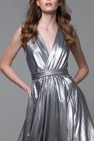 Laden Sie das Bild in den Galerie-Viewer, Glitter Silber Metallic V Ausschnitt A Linie Maxi Formelle Kleid