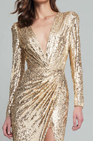 Laden Sie das Bild in den Galerie-Viewer, Glitter Gold Sequin V Ausschnitt Maxi Formelle Kleid mit Ärmel