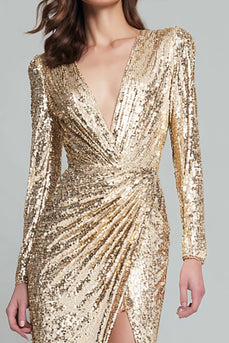 Glitter Gold Sequin V Ausschnitt Maxi Formelle Kleid mit Ärmel