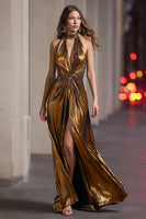 Laden Sie das Bild in den Galerie-Viewer, Glitter Schwarz Gold Neckholder Metallic Etui Maxi Formelle Kleid mit Schlitz