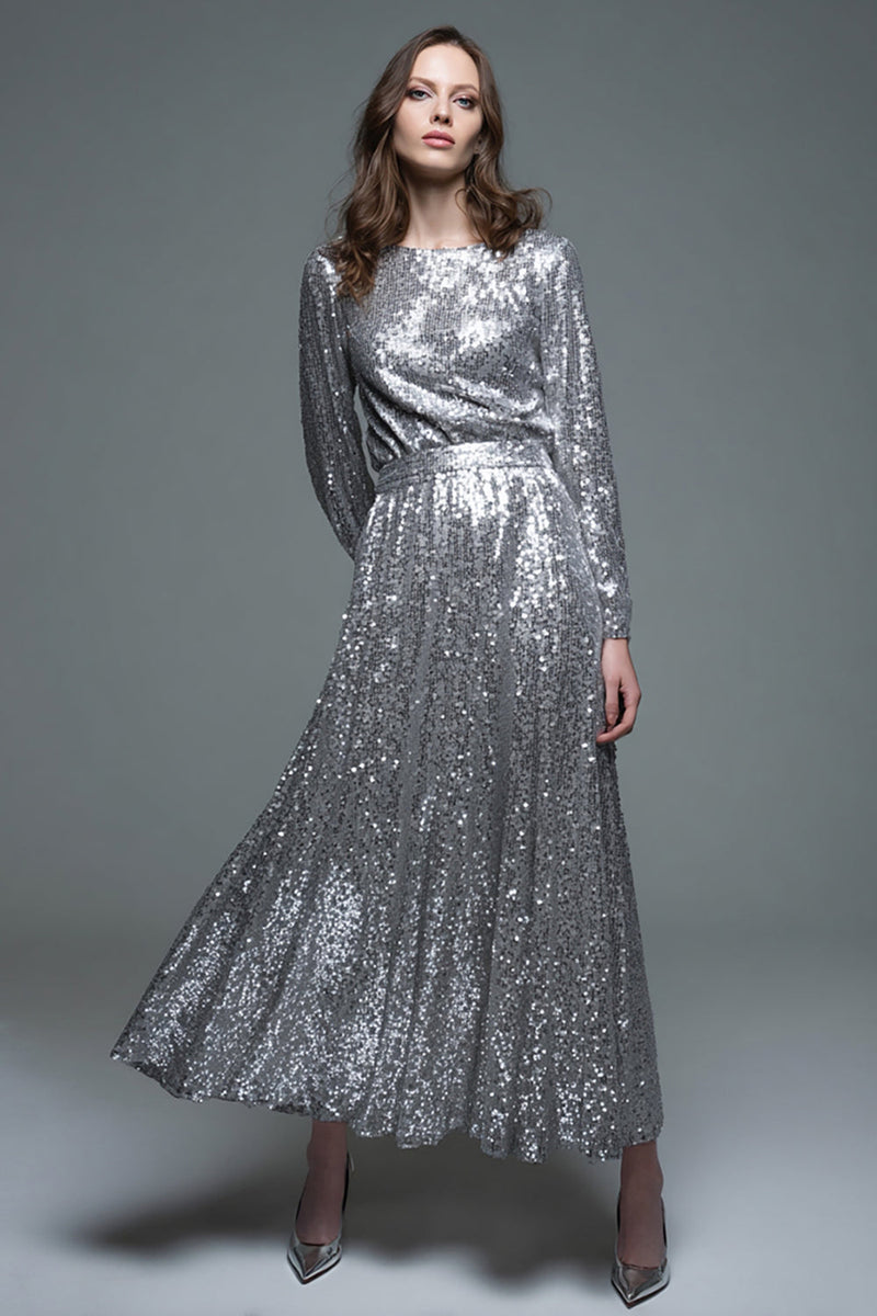 Laden Sie das Bild in den Galerie-Viewer, Glitter Silber Pailletten Maxi Formelle Kleid mit Ärmel