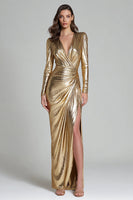Laden Sie das Bild in den Galerie-Viewer, Glitter Gold Metallic V Ausschnitt Maxi Formelle Kleid mit Schlitz