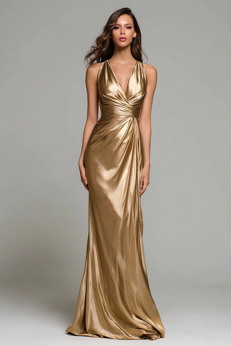 Laden Sie das Bild in den Galerie-Viewer, Glitter Gold Metallic Geraffte V Ausschnitt Meerjungfrau Maxi Formelle Kleid