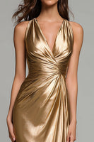 Laden Sie das Bild in den Galerie-Viewer, Glitter Gold Metallic Geraffte V Ausschnitt Meerjungfrau Maxi Formelle Kleid