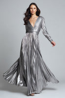 Laden Sie das Bild in den Galerie-Viewer, Glitter Silber Metallic Plissee A Linie Maxi Formelle Kleid mit Ärmel