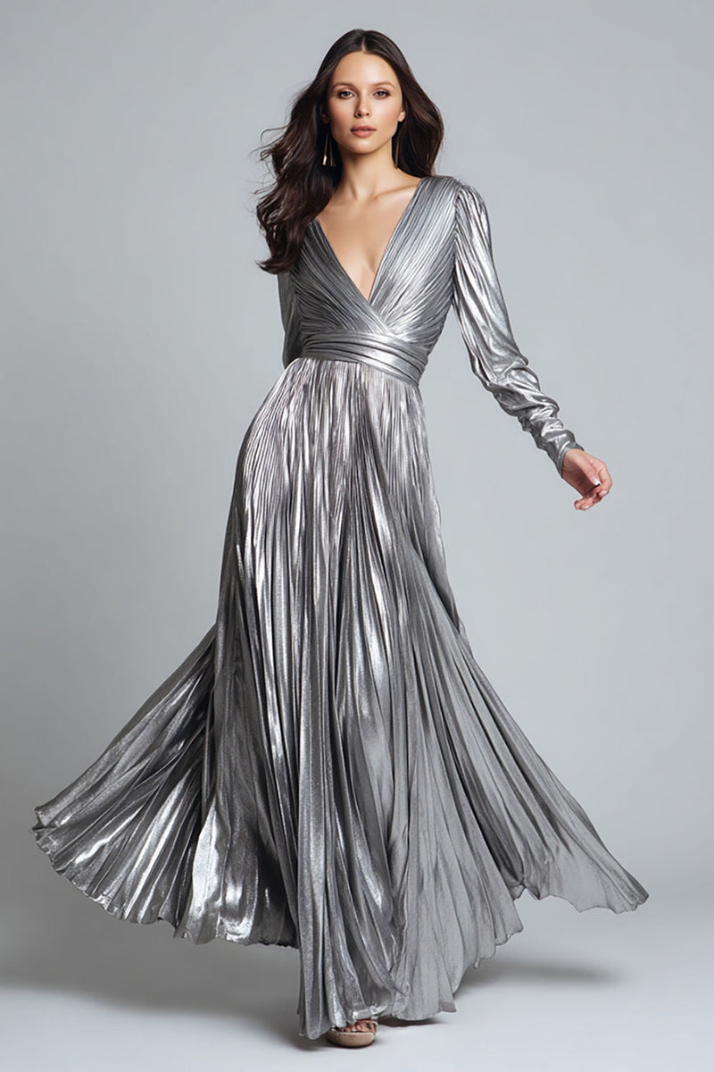 Laden Sie das Bild in den Galerie-Viewer, Glitter Silber Metallic Plissee A Linie Maxi Formelle Kleid mit Ärmel