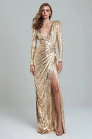 Laden Sie das Bild in den Galerie-Viewer, Glitter Gold V Ausschnitt Pailletten Etui Maxi Formelle Kleid mit Schlitz