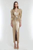 Laden Sie das Bild in den Galerie-Viewer, Gold V Ausschnitt Metallic Etui Maxi Formelle Kleid mit Ärmel