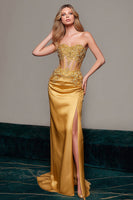 Laden Sie das Bild in den Galerie-Viewer, Gold Satin Schatz Meerjungfrau Maxi Korsett Formelle Kleid mit Applikationen