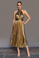 Laden Sie das Bild in den Galerie-Viewer, Glitter Gold A Linie Metallic Plissee Neckholder Maxi Formelle Kleid