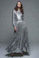 Laden Sie das Bild in den Galerie-Viewer, Glitter Silber A Linie Pailletten Maxi Formelle Kleid mit Ärmel