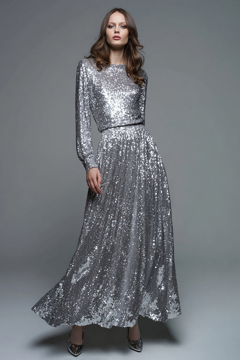 Laden Sie das Bild in den Galerie-Viewer, Glitter Silber A Linie Pailletten Maxi Formelle Kleid mit Ärmel