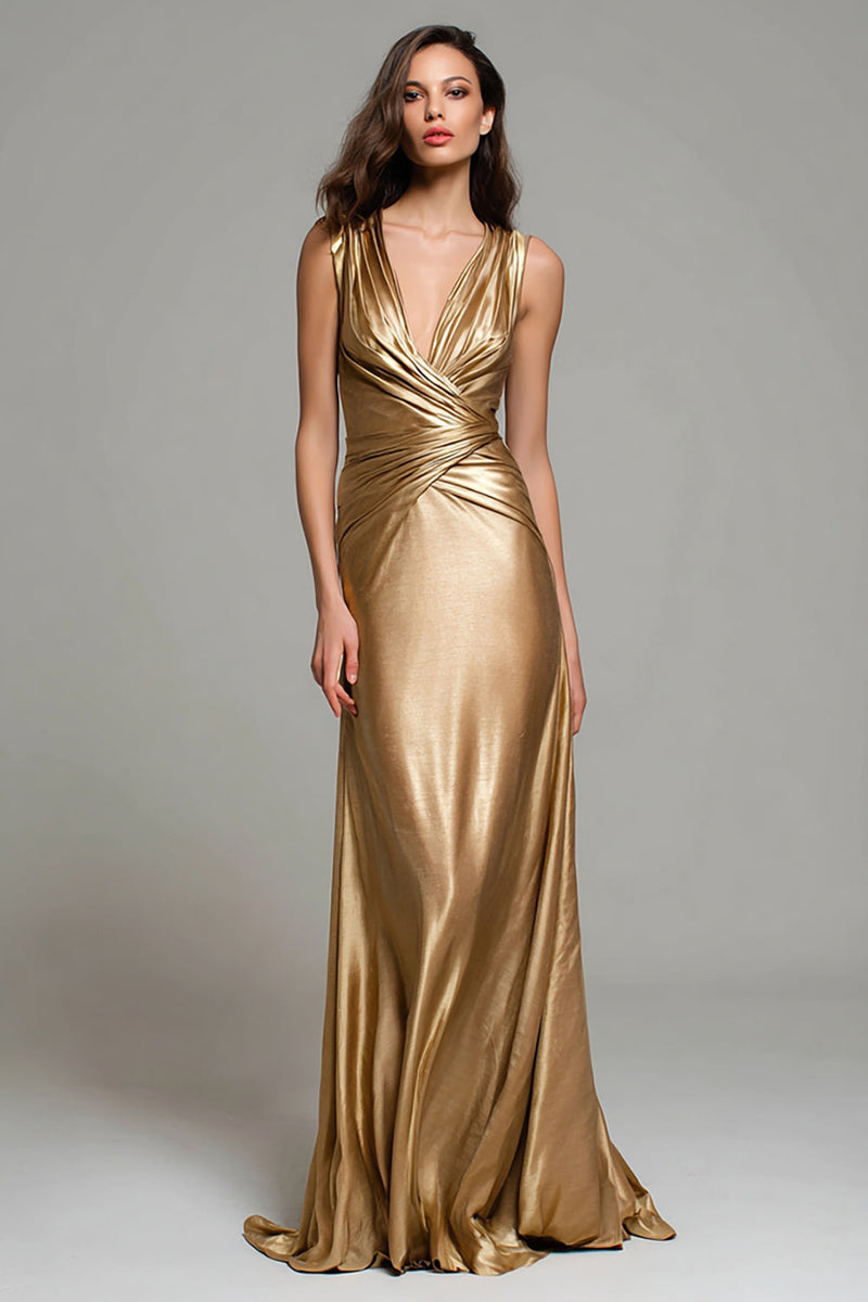 Laden Sie das Bild in den Galerie-Viewer, Glitter Gold Metallic Meerjungfrau V Ausschnitt Maxi Formelle Kleid