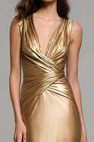 Laden Sie das Bild in den Galerie-Viewer, Glitter Gold Metallic Meerjungfrau V Ausschnitt Maxi Formelle Kleid