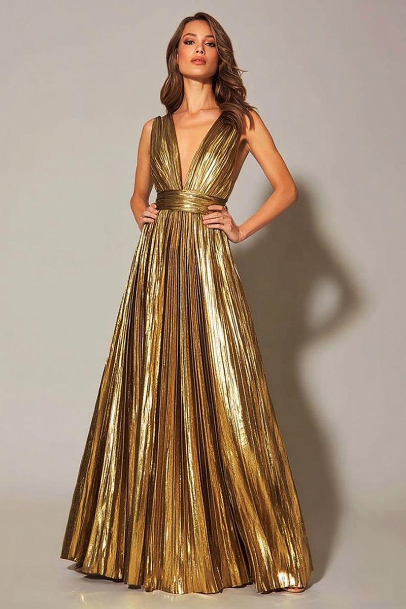 Laden Sie das Bild in den Galerie-Viewer, Glitter Gold Metallic Plissee A Linie V Ausschnitt Maxi Formelle Kleid