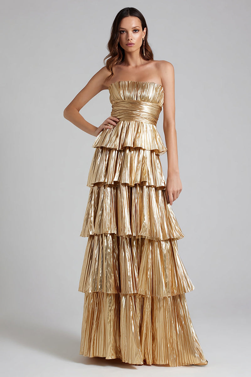 Laden Sie das Bild in den Galerie-Viewer, Glitter Gold Metallic Plissee A Linie Ruffled Maxi Formelle Kleid