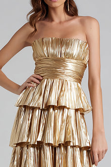 Glitter Gold Metallic Plissee A Linie Ruffled Maxi Formelle Kleid