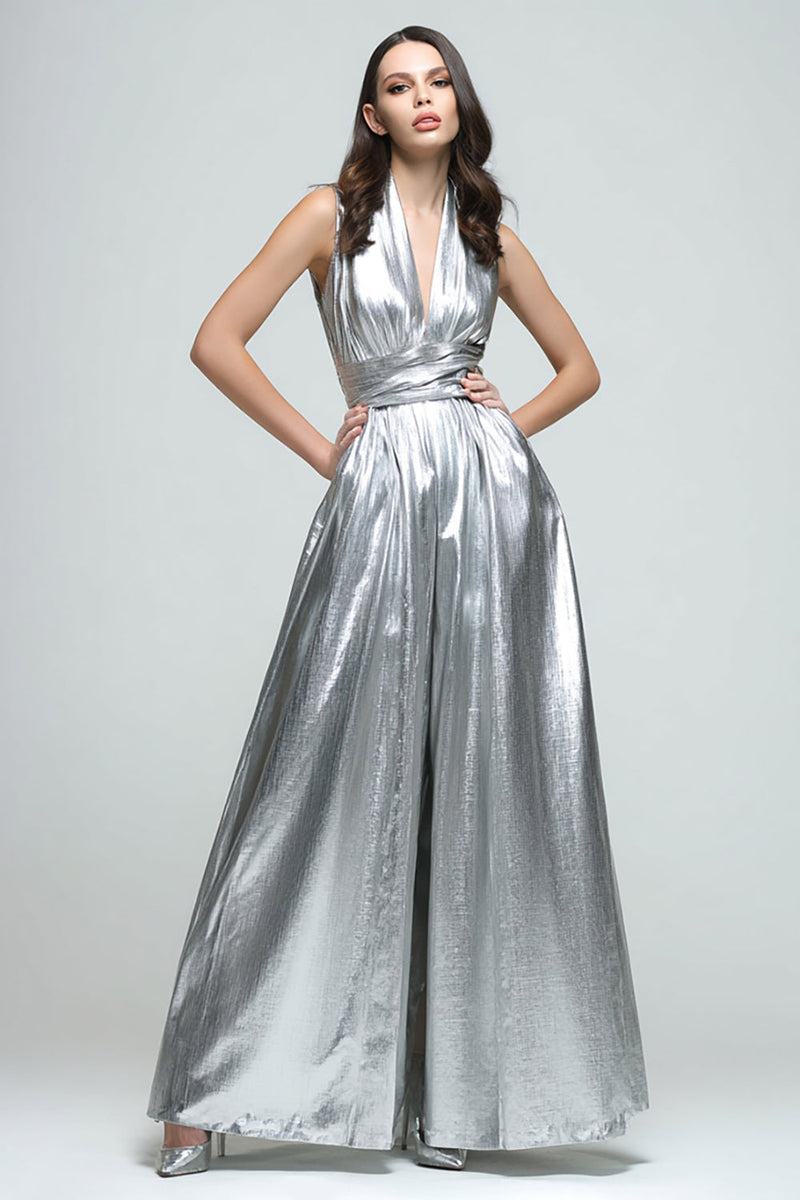 Laden Sie das Bild in den Galerie-Viewer, Glitter Silber Metallic A Linie V Ausschnitt Maxi Formelle Kleid