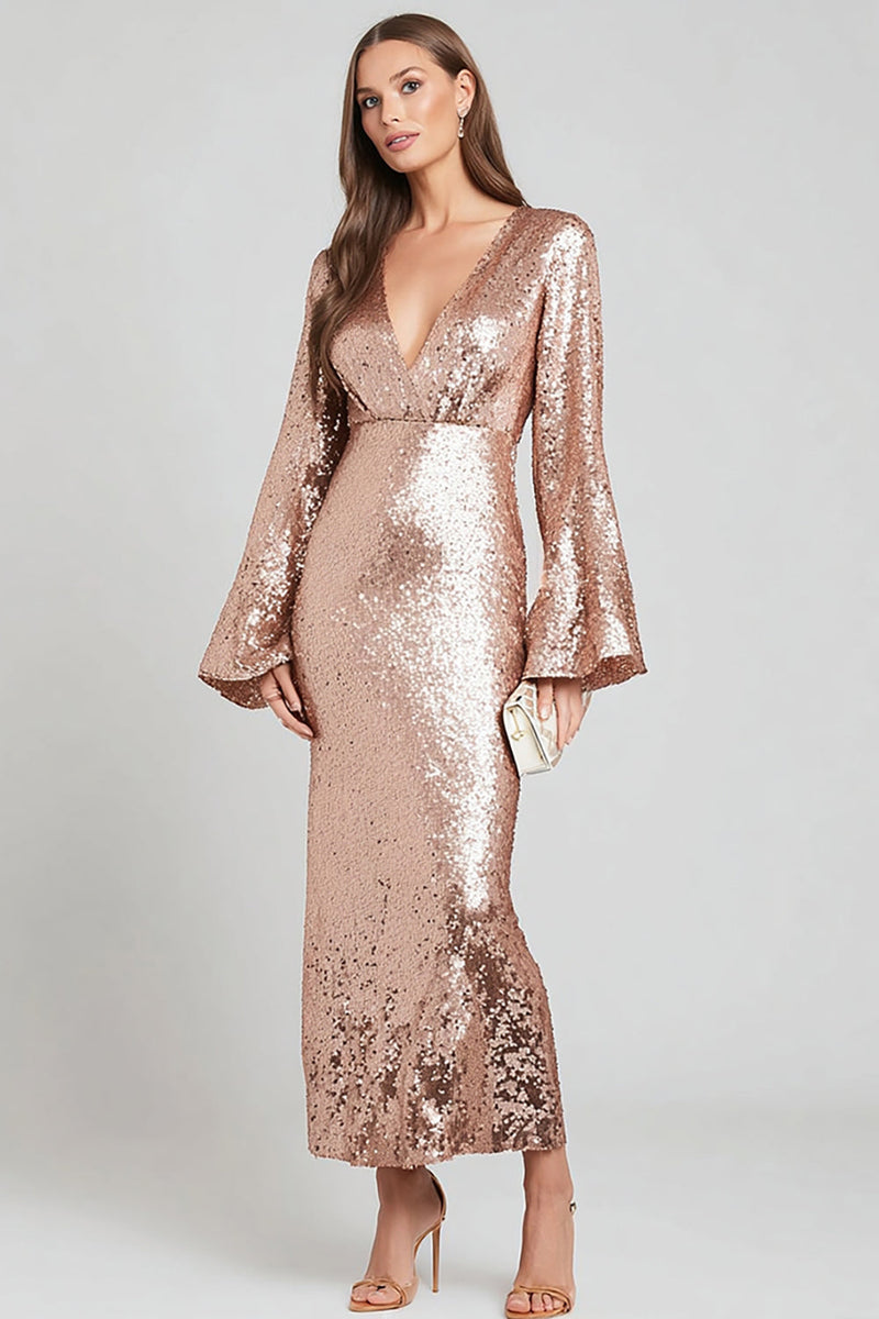 Laden Sie das Bild in den Galerie-Viewer, Glitter Rose Gold Pailletten V Ausschnitt Maxi Formelle Kleid mit Ärmel