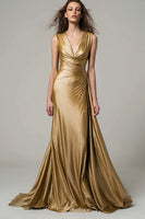 Laden Sie das Bild in den Galerie-Viewer, Glitter Gold V Ausschnitt Metallic Geraffte Meerjungfrau Maxi Formelle Kleid