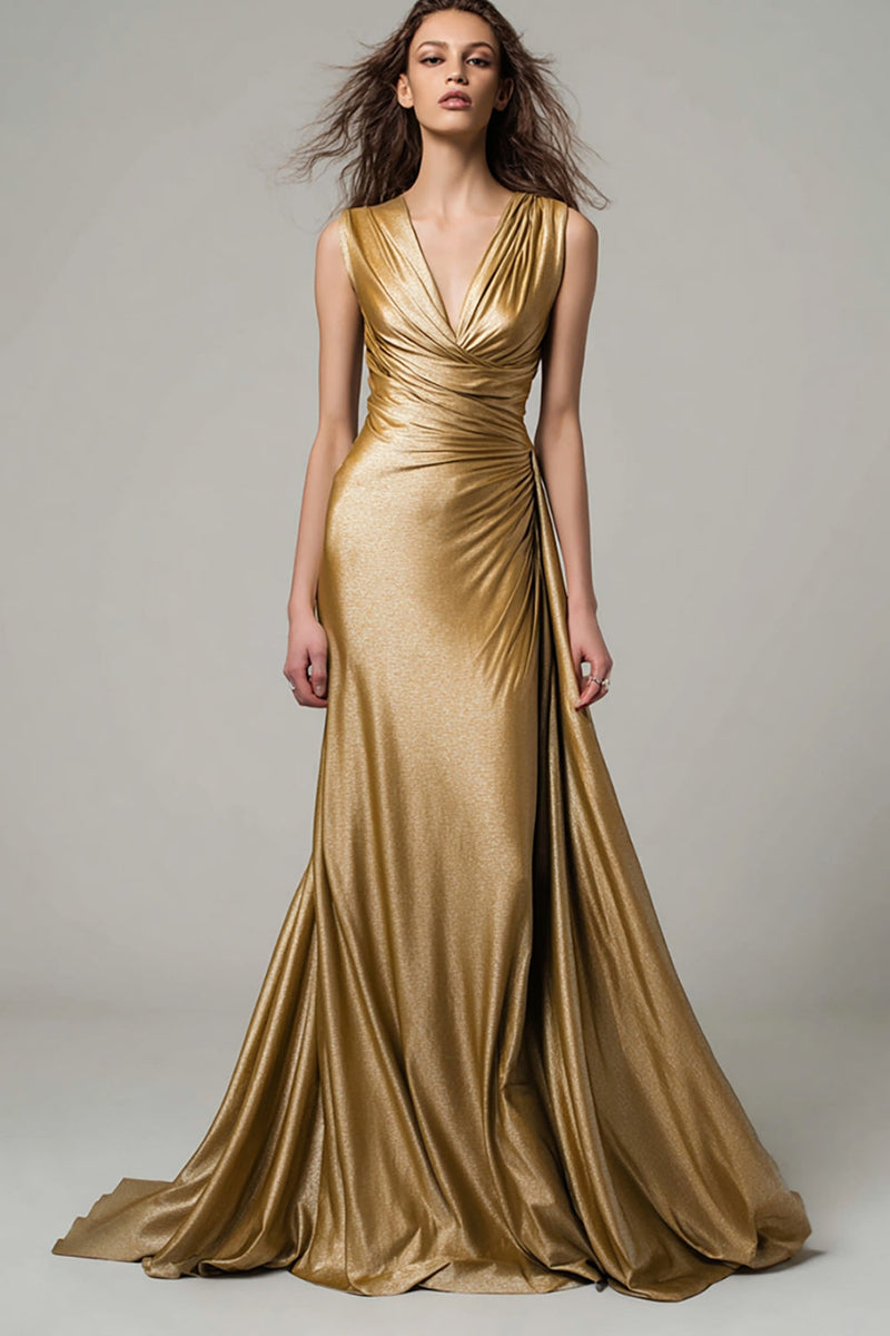 Laden Sie das Bild in den Galerie-Viewer, Glitter Gold V Ausschnitt Metallic Geraffte Meerjungfrau Maxi Formelle Kleid