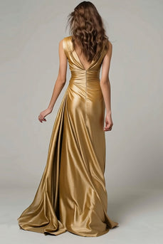 Glitter Gold V Ausschnitt Metallic Geraffte Meerjungfrau Maxi Formelle Kleid