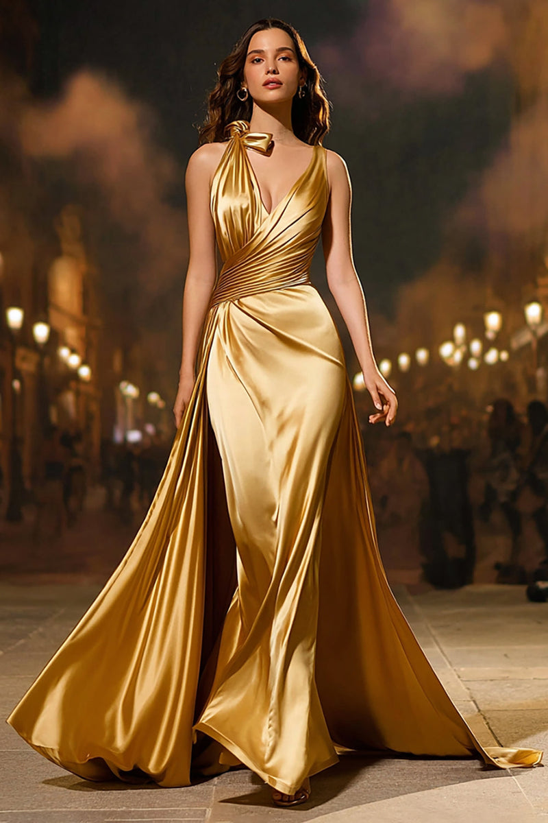 Laden Sie das Bild in den Galerie-Viewer, Gold V-Ausschnitt Satin Meerjungfrau Langes Formelle Kleid mit Cape