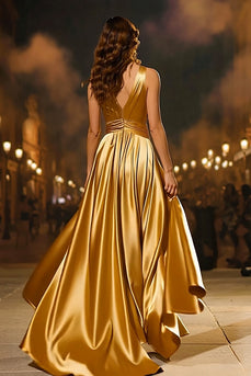 Gold V-Ausschnitt Satin Meerjungfrau Langes Formelle Kleid mit Cape