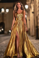 Laden Sie das Bild in den Galerie-Viewer, Glitzer Gold Metallic Plissiert V-Ausschnitt A-Linie Langes Formelle Kleid mit Schlitz