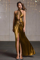 Laden Sie das Bild in den Galerie-Viewer, Glitzer Gold Metallic Geraffte Neckholder Langes Formelle Kleid mit Schlitz